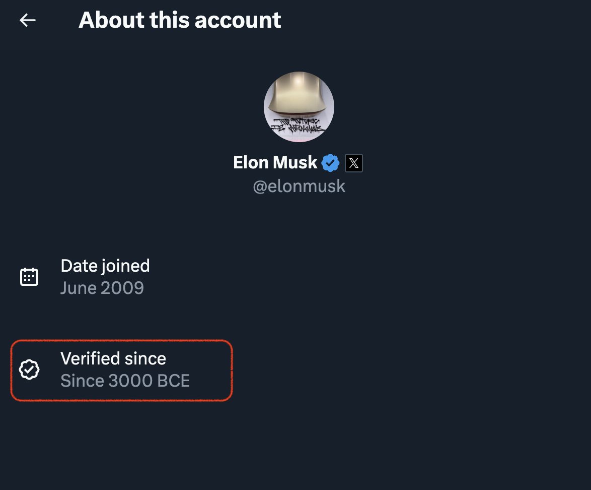 FSWarraich's tweet image. When a platform displays a “verified since 3000 BCE” badge for its own owner, @elonmusk , it raises serious questions about credibility. It shows how easily the system can bend its rules for him — or for anyone he chooses. Such impossibilities only underline why his products,…