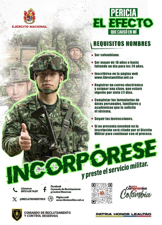 Si desea prestar el servicio militar en el <a href="/COL_EJERCITO/">Ejército Nacional de Colombia</a>, podrá adelantar el proceso de inscripción acercándose a cualquiera de los 60 distritos militares ubicados en todo el territorio nacional.

¡Es el momento de pensar en su futuro! En nuestra institución encontrará EL EFECTO