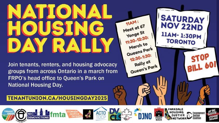 demsocialistsca's tweet photo. Join us today on #NationalHousingDay2025 in a march to Queen's Park to tell Doug Ford: HANDS OFF RENTERS RIGHTS!

We will be at 67 Younge St., Toronto from now until 11:30 when we'll march to Queen's Park. Join us at anytime along the march and SAY NO TO BILL 60! https://t.co/lqLRFjuK5Y