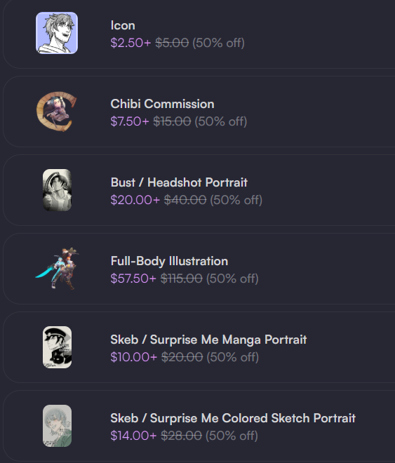soulless009's tweet photo. Since it's my birthday, all my comms options are 50 percent off for 2 weeks! This also includes my newest option, Skeb / Surprise Me! option, as an opening sale! 

#VGenComm #VGen #vgenartist https://t.co/C7JMSukcZX