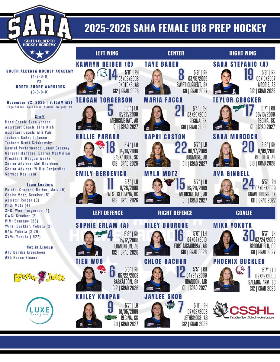 SAHockeyAcademy's tweet image. Saturday morning Female U18 Prep lineup vs North Shore. 

#SAHA #CSSHL