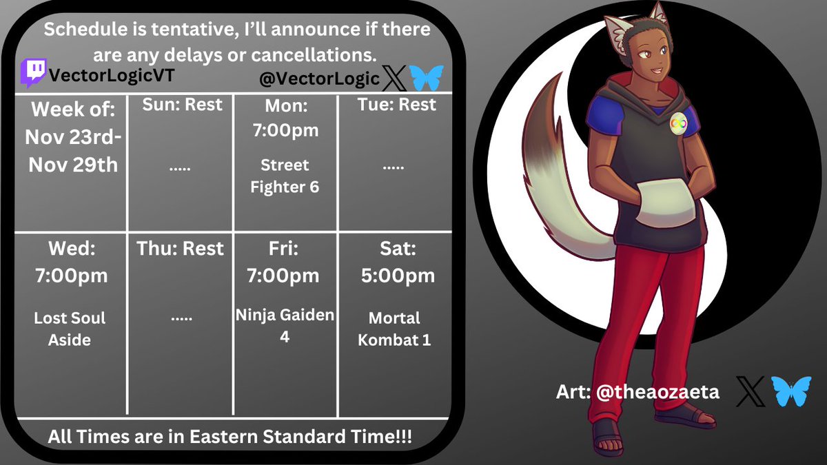 VectorLogic's tweet image. WOO! New schedule! This time we got two fighting games to play, one I've spend HOURS on, and one I picked up and put down, but expect some good matches, or just me playing for funsies!

#Vtubers #VTuberUprising #ENVtubers
