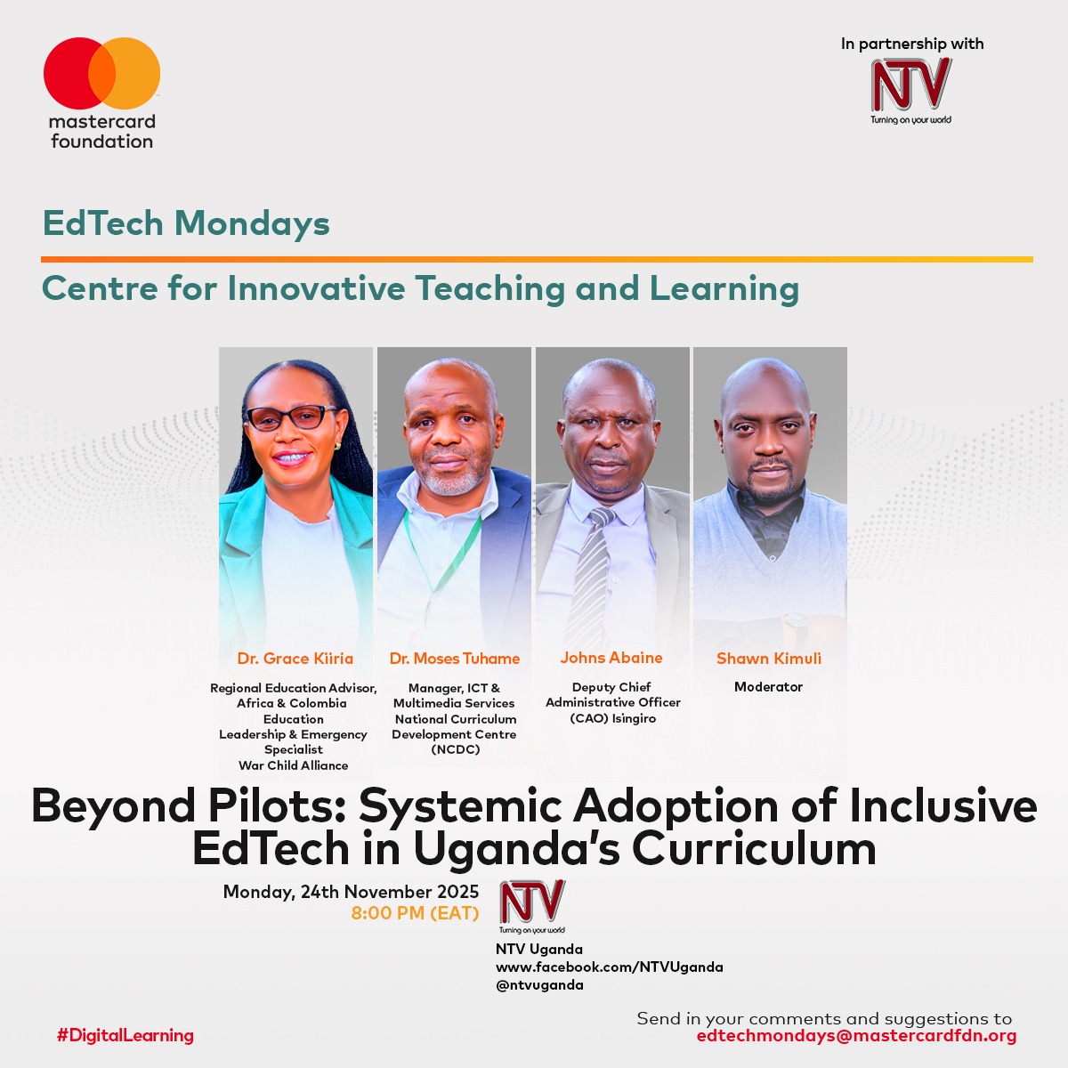 ntvuganda's tweet image. Up Next: #EdTechMondays
Uganda is moving beyond experimental EdTech pilots, and the next big priority is clear, building a system-wide, curriculum-aligned approach that ensures every learner is included.

Join us in conversation on what it takes to scale inclusive EdTech across…