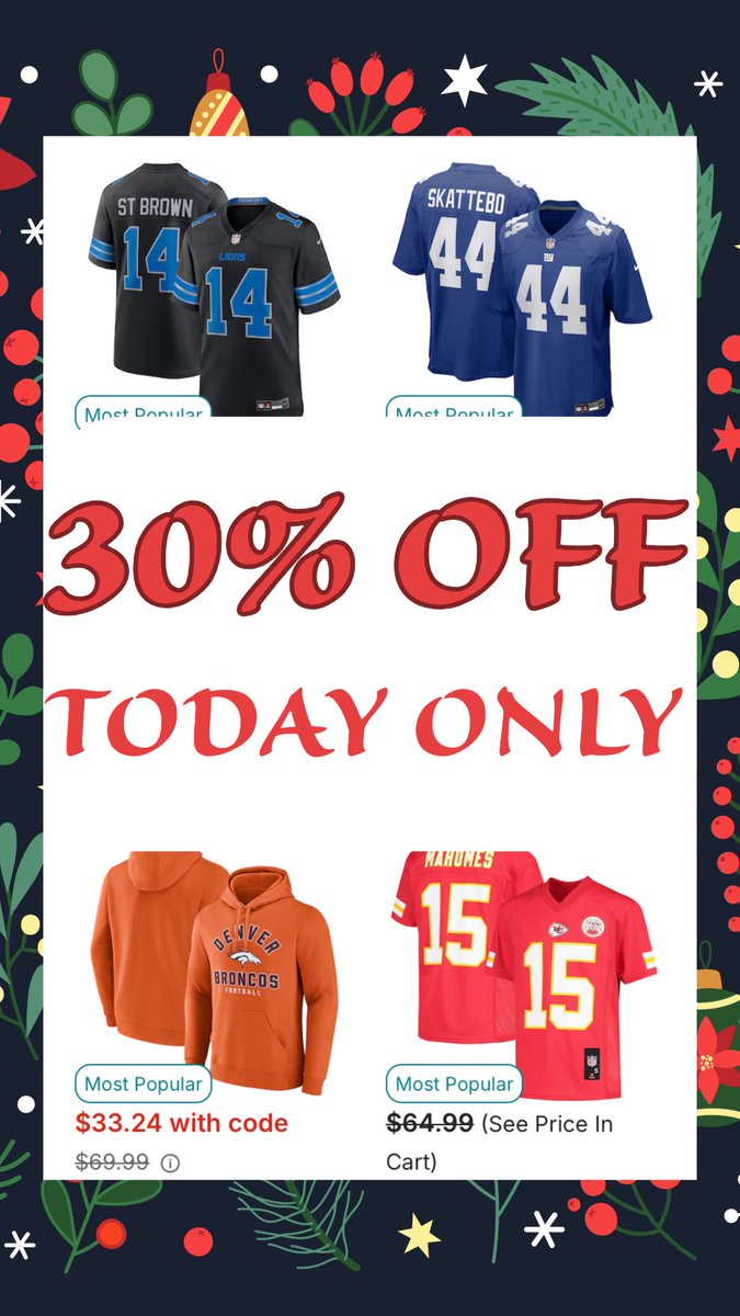 🎄Early Black Friday Sale🎄

30% Off at NFL Shop ends at MIDNIGHT 

How to participate👇🏼
Click the link - nflshop.k77v.net/JacobPM
Use code - BLITZ