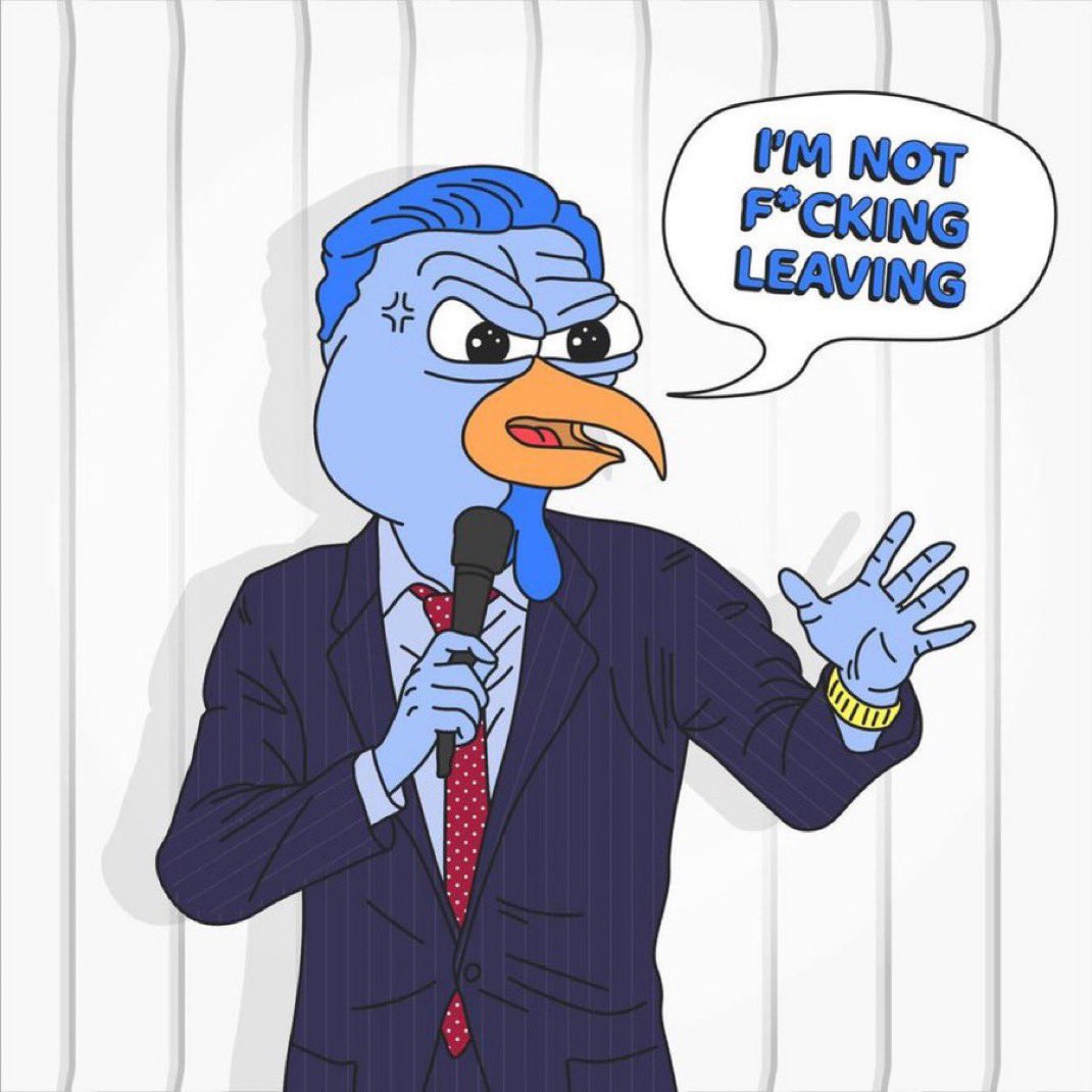 演説台で『絶対に離れない』と宣言するスーツ姿のニワトリの漫画