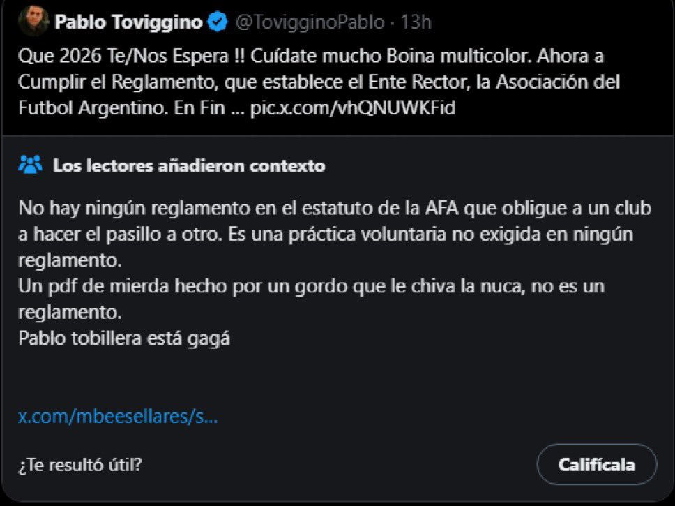 LA NOTA DE LA COMUNIDAD QUE LE HABÍAN PUESTO A TOVIGGINO JAJAJDJAJSJAJAJA FANTÁSTICO

“Un PDF de mierda hecho por un gordo que le chiva la nuca, no es un reglamento”. Lo escribió Borges, toca aplaudir
