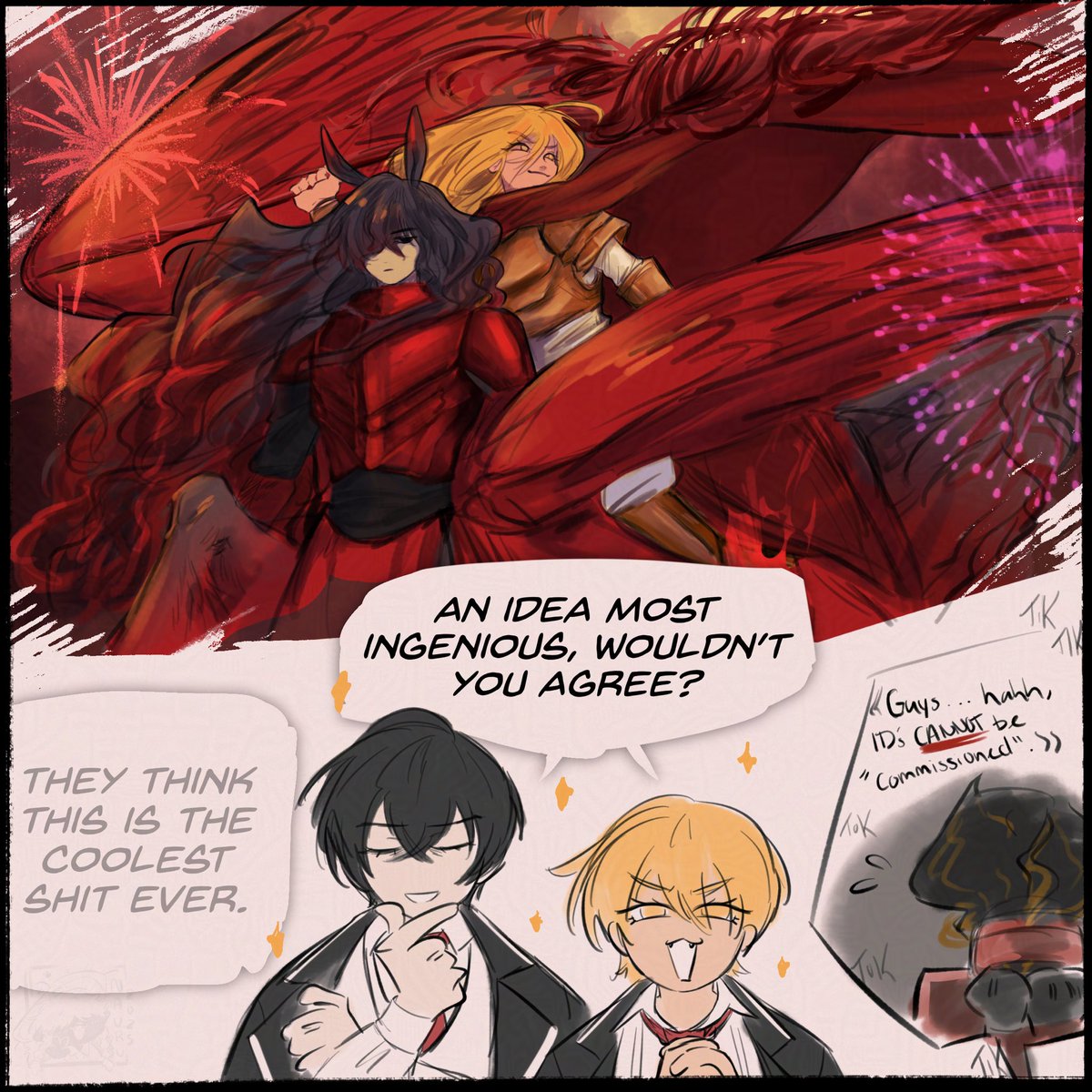 McNauru's tweet image. &quot;…Roci!sang and the righteous rider- hold on, what the hell are you two on about?&quot; - Dante

No Im not sure why I made this…

#Limbus_Company 
#LimbusComapany 
#lcb1 #lcb3