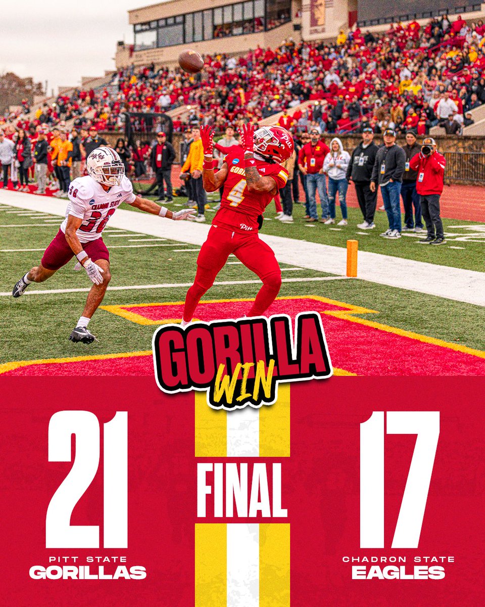 FINAL 🦍 PITT STATE BEATS CHADRON STARE  21-17 AND MOVE TO THE SECOND ROUND 😤 

#GRIT // #KOJ // #OAGAAG
