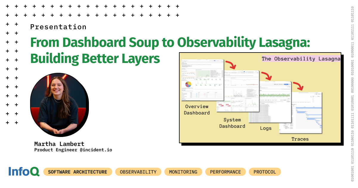 InfoQ's tweet image. “Observability Lasagna”: a 4-layer framework - Overview, System, Logs, Traces - that connects layers for an optimized debugging UX.

Get practical tips on instrumentation, visualizing limits, and using logs/exemplars to focus on user-impact triaging.

🔗 bit.ly/49sHHhp