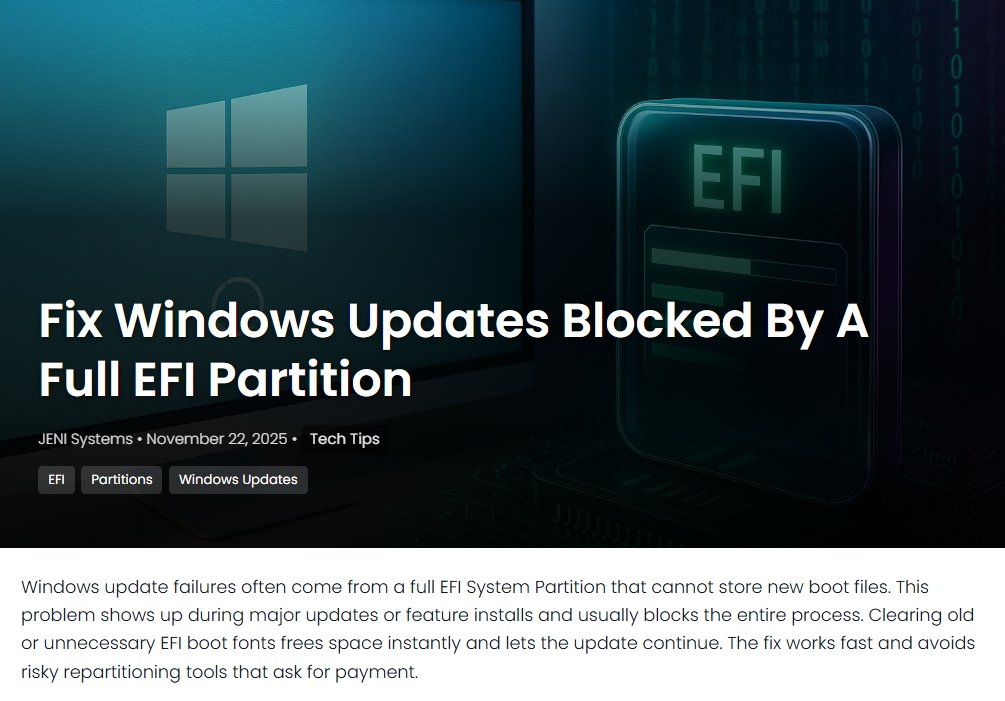 JeniSystems's tweet image. A full EFI partition can block Windows updates, but clearing old EFI font files frees space fast and gets everything working again. jenisystems.com/fix-windows-up… #WindowsUpdate #TechTips