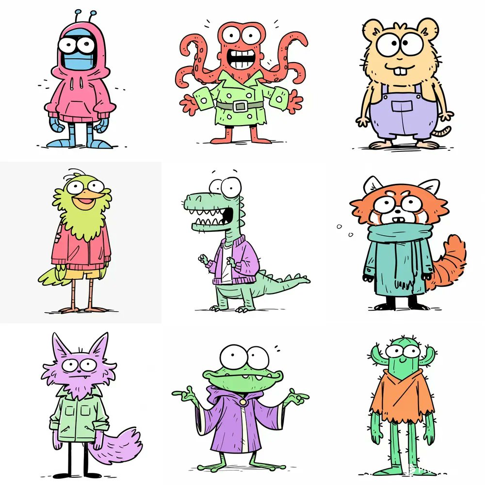 promptbase's tweet image. Quirky Cartoon Animal Doodle Characters by @benssfolio using Midjourney 🦄🎨