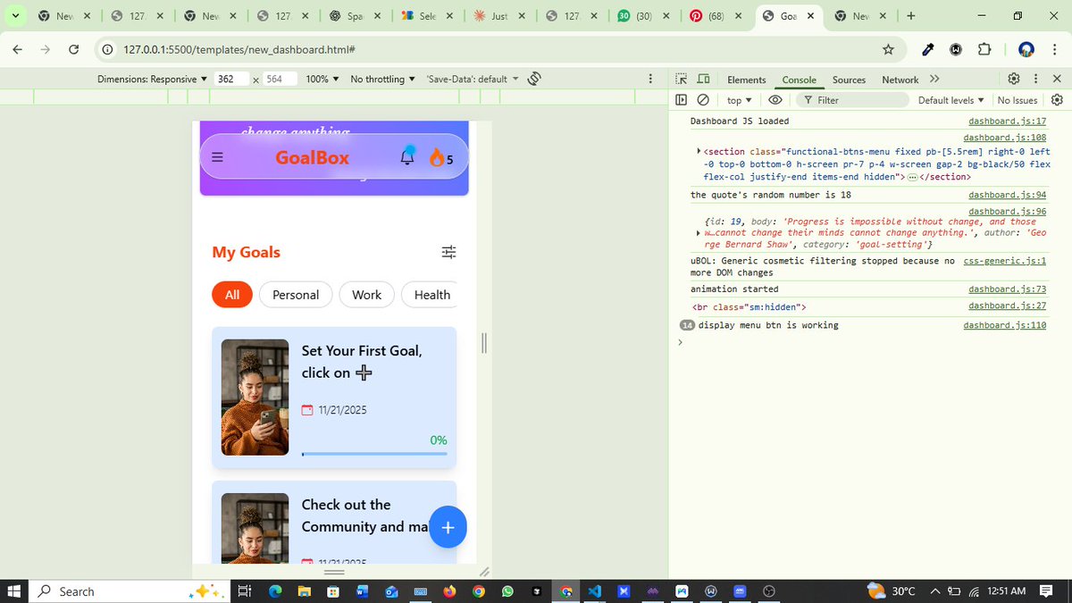 iom_future's tweet image. Day 52 of #100DaysOfCode 

Now to the main event of the day &quot;GOALS &quot; 
I have started adding in some default goals
Added the categories
And the filter feature UI; no functionality yet

Also made the ➕️ button functional

#frontEndDev #pixelPerfect
#webdesign #devJourney