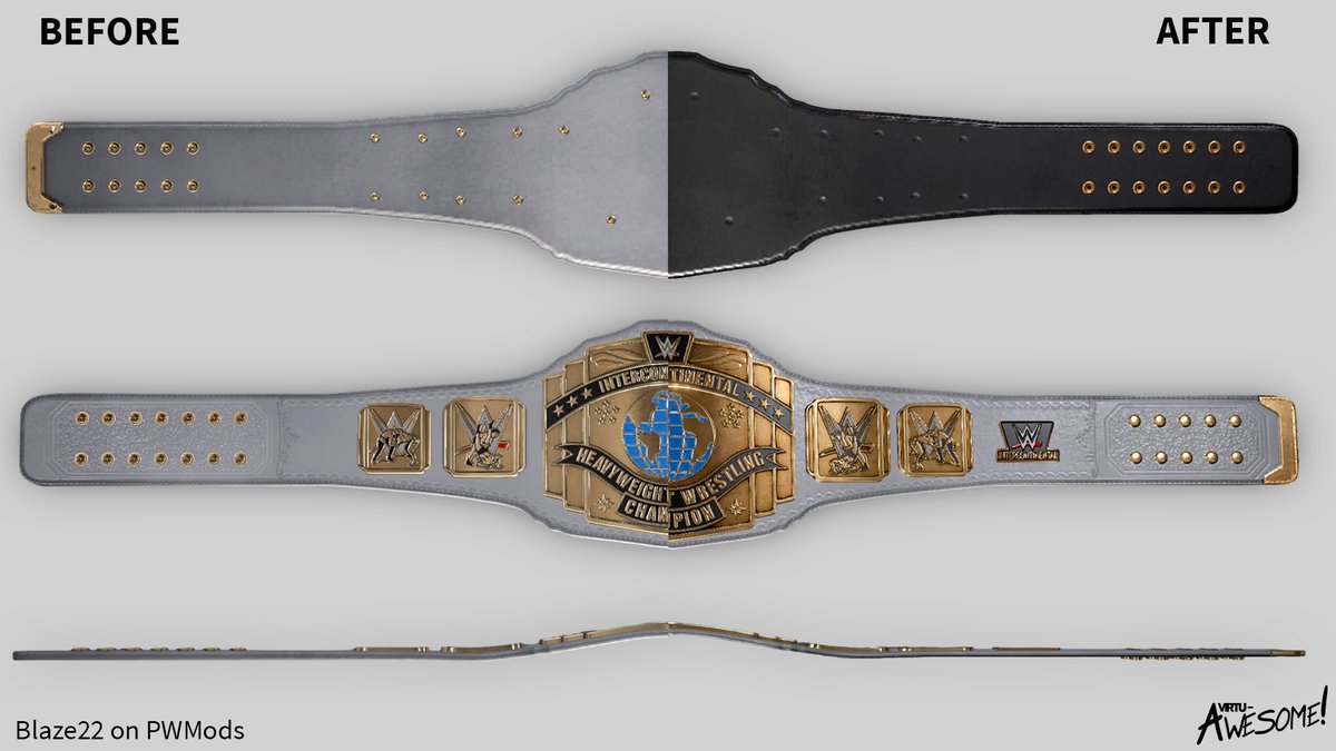 I'm back to modding and here's a look at my first mod:

WWE IC title '11-'19
-Modified Belt texture to make title more golden
-Added black strap backing
-Removed pins (is that what they're called?) in the back
-Made strap thinnerAdded 6th plate

Coming tomorrow
#WWE2k25