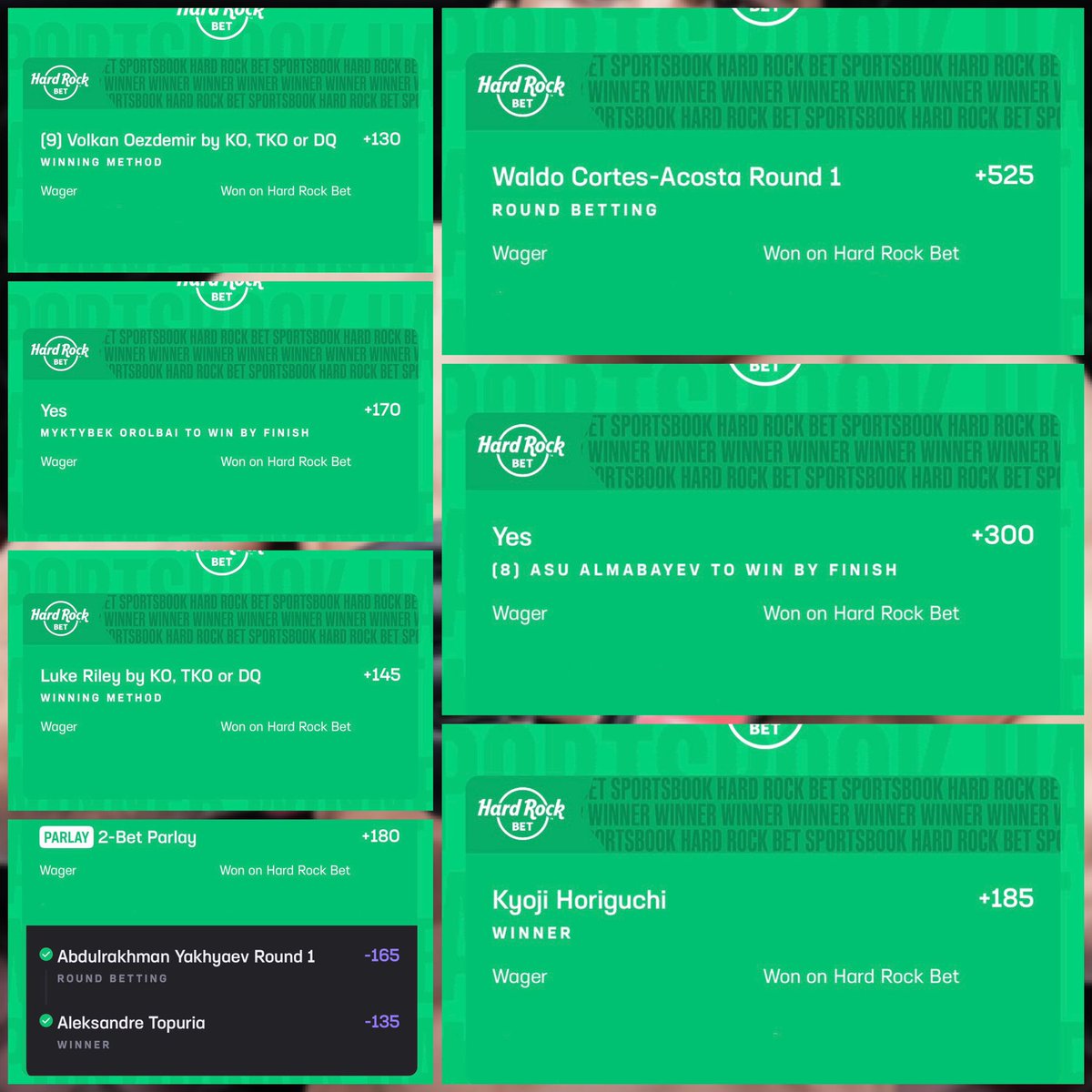 I LIVE FOR THIS SHITTT 🔥🔥 #UFCQatar 

7/7 ON THE DAY 😮‍💨😮‍💨😮‍💨😮‍💨

Waldo Cortes Round 1 +525 ✅
Asu Almabayev By Finish +300 ✅
Kyoji ML +185 ✅
Volkan Oezdemir By Ko +130 ✅
Orolbai By Finish +170 ✅
Luke Riley By Ko +145 ✅
Topuria ML /Yakhyaev Round 1 +180 ✅