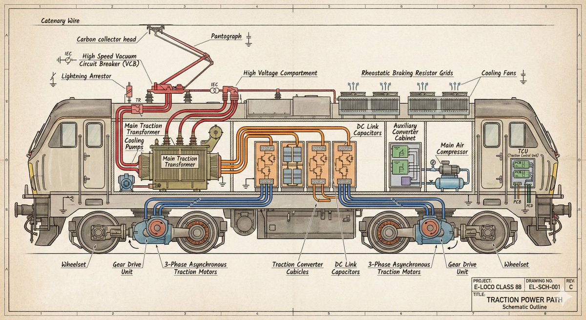 TechBitHQ's tweet image. This is the heart of a modern electric locomotive! 🚂 Generated this complex Traction Power Schematic using the new Nano Banana Pro. The clarity on components like the 3 Phase Asynchronous Traction Motors, Traction Converter Cubicles, and VCB is incredible. AI is now a lead…