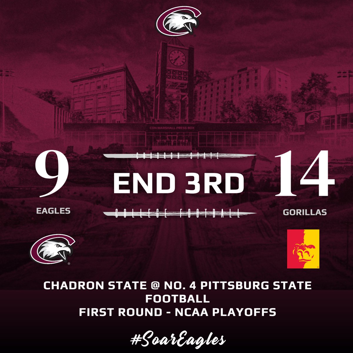 CSCFootball's tweet image. FB 3Q: Pittsburg State 14, Chadron State 9.

DJ Ralph: 11-15, 154 yards, TD, INT
Tommy Thomas: 4 rec., 82 yards, TD
Daytuawn Pearson: 4 carries, 19 yards
Cooper Walton: 8 tackles
Dax Yeradi: 6 tackles, 5 solo