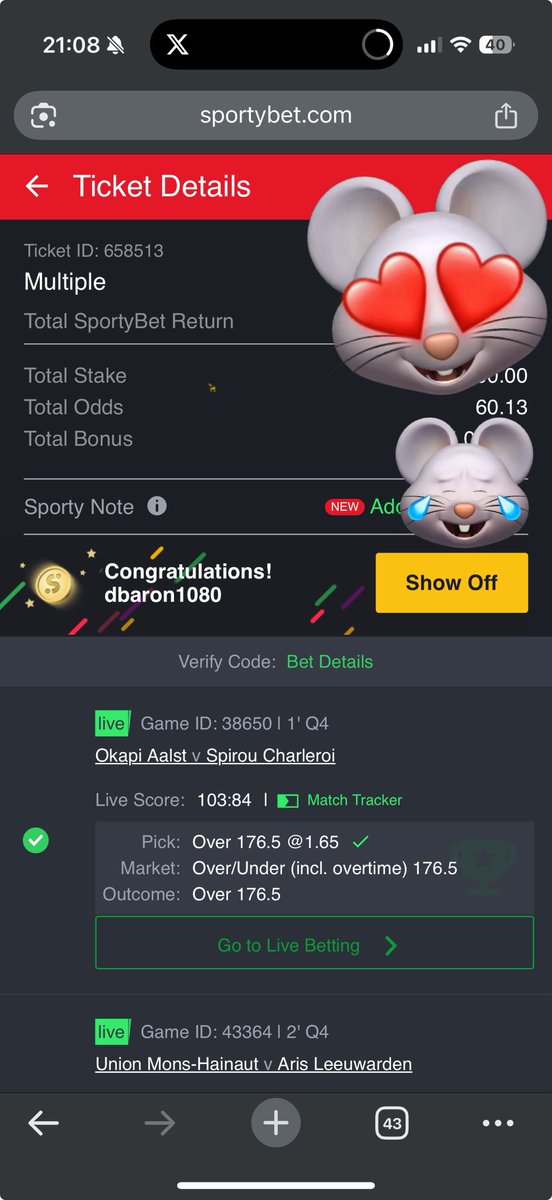 upforthemoney90's tweet image. 60 odds fucken boom

I said if I didn’t win bet today I’ll quit 🤣
Drop your sporty bet id ill credit 20 persons later tonight. Must be following and also tag 2 people to this post. Let’s gooooooooo 😂