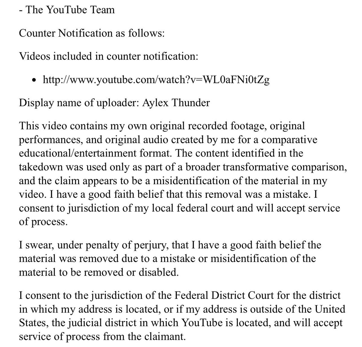 myon_fl's tweet image. Aylex Thunder氏から今、YouTubeで違反が認めてもらえて削除された動画全てに対して異議申し立てが届きました。
はっきり私の演奏をAylex氏のオリジナル演奏だと書いてありますね…
4枚目がAIによる和訳です。