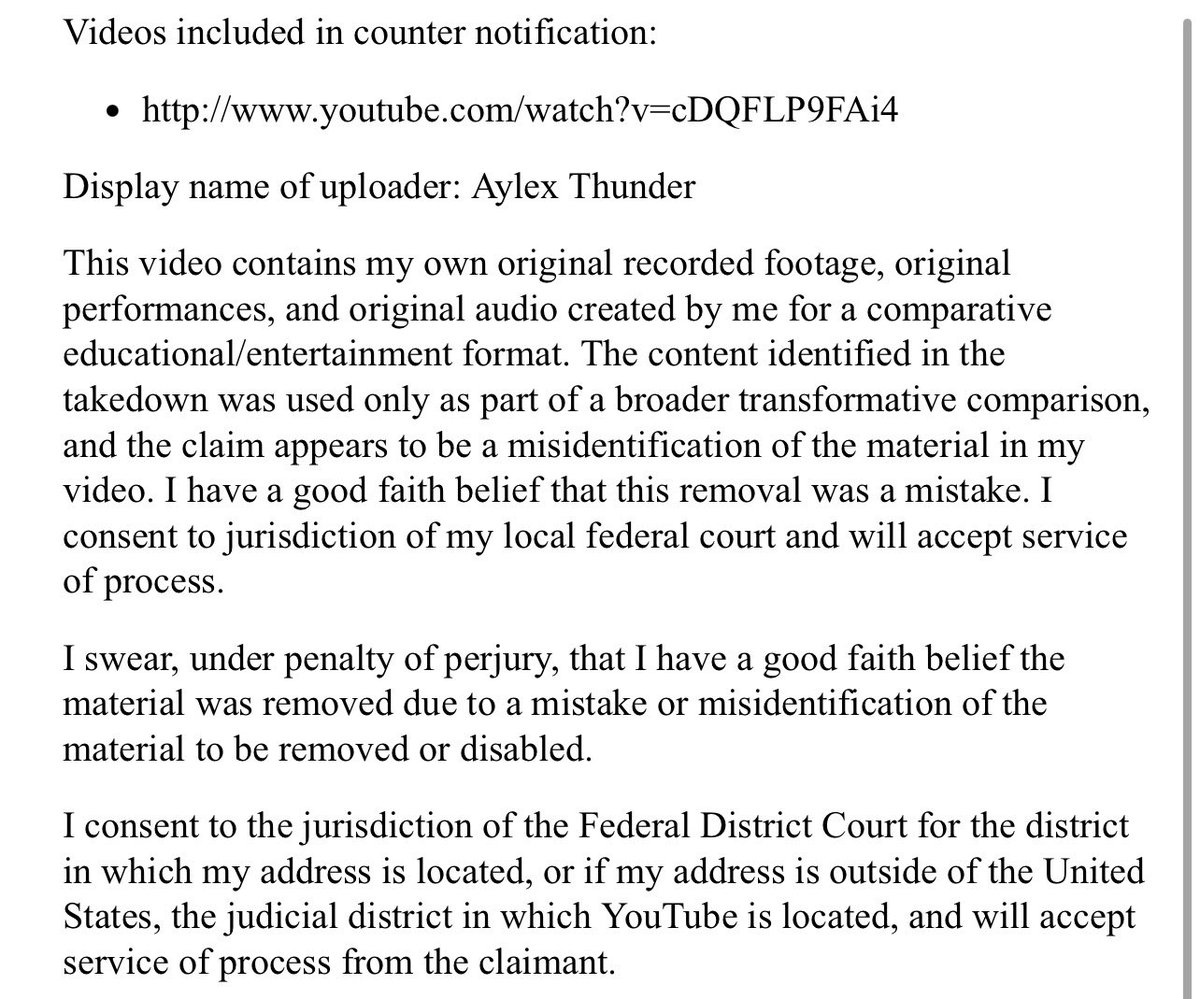 myon_fl's tweet image. Aylex Thunder氏から今、YouTubeで違反が認めてもらえて削除された動画全てに対して異議申し立てが届きました。
はっきり私の演奏をAylex氏のオリジナル演奏だと書いてありますね…
4枚目がAIによる和訳です。