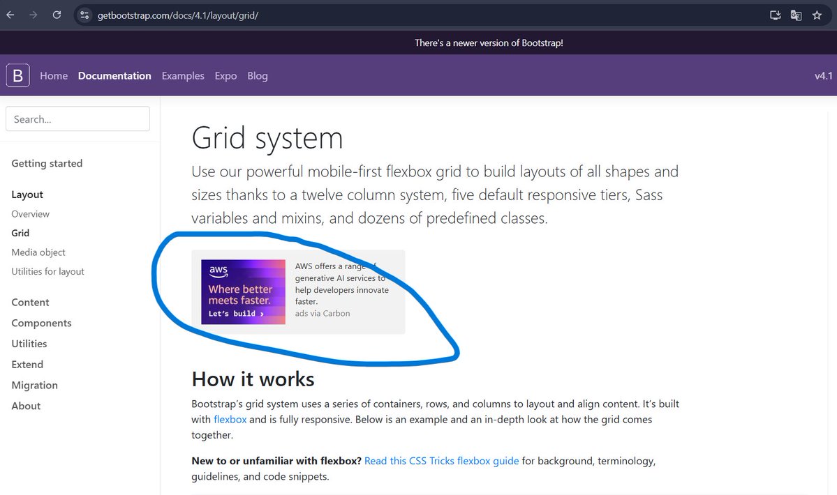 pokerdev7's tweet image. Bootstrap ta tão falido que coloca Ads nas páginas de documentação 💀