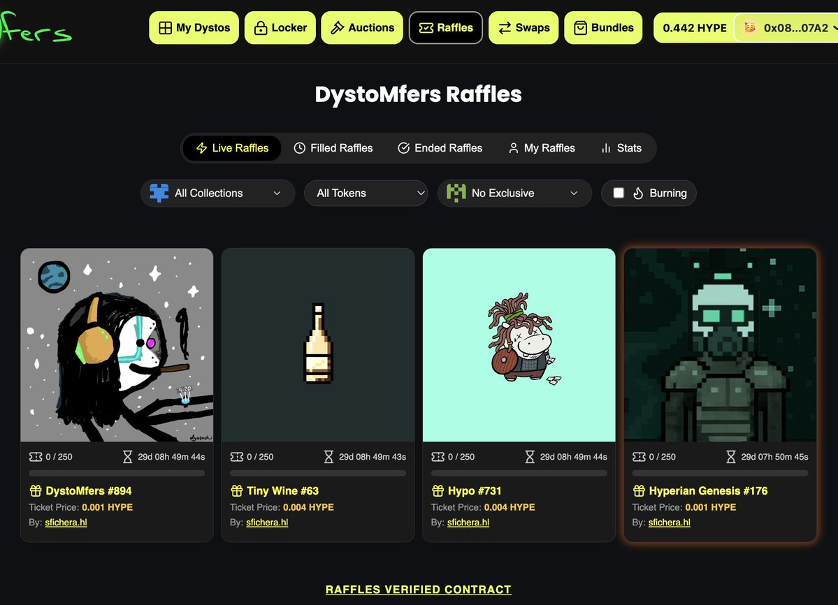 I know, i know HyperEVM action is just ded at the moment... but hurts my b... watching this as a ghost town in the wild west...

So i'm planning to create some low entry price raffles and let them run til some days before xmas...

I've started with some of my cool holdings by