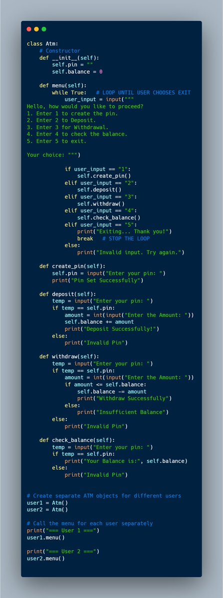 Samimughal78's tweet image. Two users, one ATM, fully coded in Python 🐍💳 Learning OOP, one deposit at a time! #PythonProjects #CodeLife
github.com/SamiMughal786/…]  
#Python #CodingChallenge #100DaysOfCode #CodeNewbie #LearnToCode #AtmProject #pythonprojects
