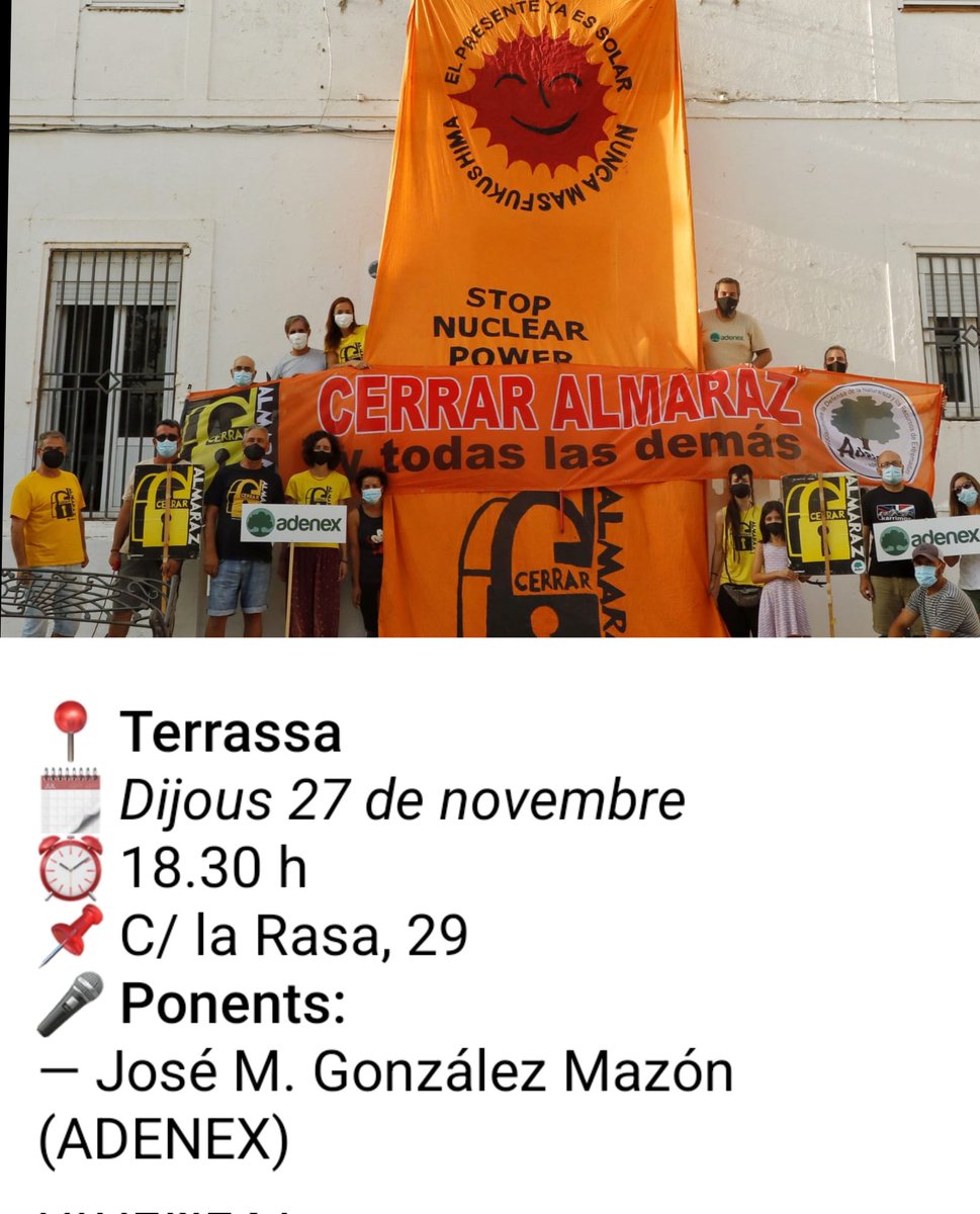 🌍#AllargarNuclearsNoGràcies

📚 Presentacions llibre 'Amanecer sin Almaraz'

Mirada rigorosa i necessària per contrarestar la desinformació del lobby nuclear

📢 Campanya de <a href="/Greenpeace/">Greenpeace International</a>, <a href="/ecologistas/">Ecologistas en Acción</a>, <a href="/adenexorg/">ADENEX</a> i col·lectius locals

📍Terrassa
📍Sabadell
📍Tarragona
📍Barcelona