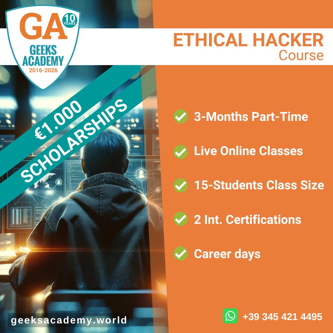 GeeksAcademyEu's tweet image. Geeks Academy turns 10 and offers 10 #scholarships worth €1,000.
Become an #EthicalHacker with hands-on training in #PenetrationTesting and #VulnerabilityAssessment.
Includes #EXIN certs + #career support.
Starting November.
is.gd/Ethical_Hacker…