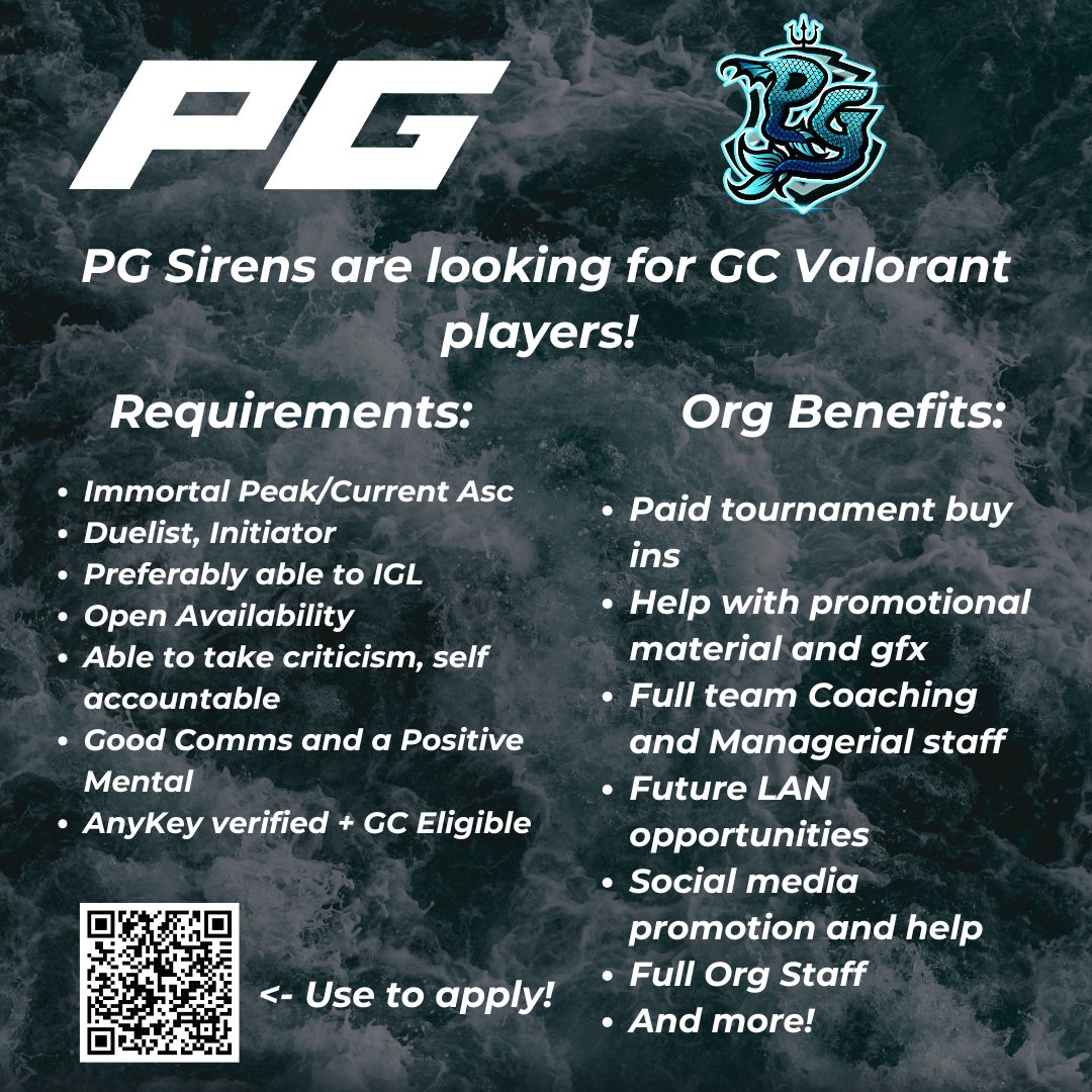 PurposeGGss's tweet image. LFP for PG Sirens (GC NA)

Immo Peak/Current Asc
Duelist, Initi
Preferably able to IGL
Can take criticism
Good Comms+Mental
AnyKey verified

DM 'aruthlessguy' on discord/fill out this form. forms.gle/uGHQmmAoQz3ABC…

@gc_lft @GCLFT_NA @BuildGC @ValorCentral @Hitbox_Americas