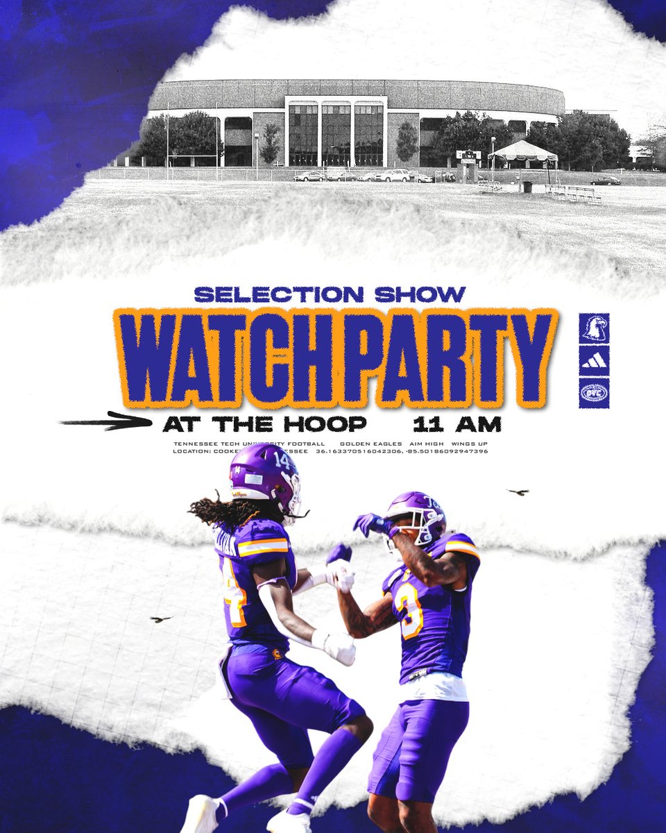 TNTechFootball's tweet image. Join us inside Eblen Center at 11 a.m. tomorrow, for the FCS Playoff Selection Show WATCH PARTY!

Date: Sunday, November 23, 2025
Time: 11 a.m. CT
Location: Eblen Center

#AimHigh | #WingsUp
