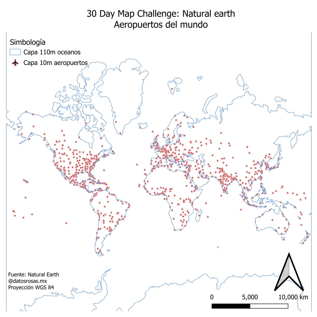 El reto del día para el #30DayMapChallenge es usar datos de Natural Earth. Les escribo desde la puerta 10 del Aeropuerto Internacional Juan Santamaría-Alajuela, lista para volver a casita. No sabía que esta información estaba en el gpkg, se antoja explorarla después con calma.