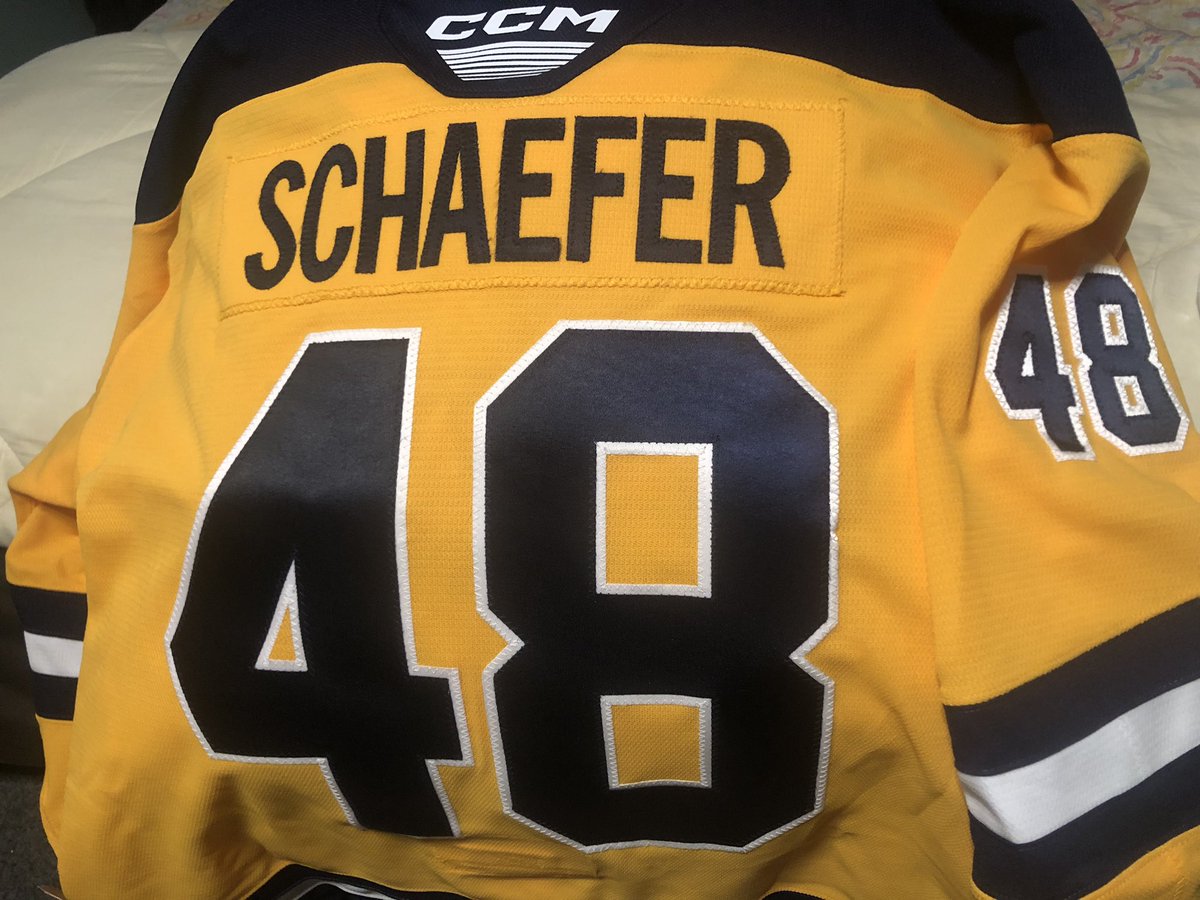Thanks to <a href="/DarcieMae09/">Darcie Chabola</a> &amp; the <a href="/ErieOtters/">Erie Otters 🦦</a> I was able to get an on ice CCM jersey from last year (they do under armor now) lettered up to be a Schaefer!
