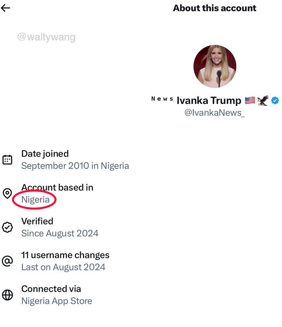 Ich mach mal einen 🧵 auf für
"Patriotischer / Rechter Account entpuppt sich als Agenturaccount aus einem Callcenter" in einem Entwicklungsland!

Wir beginnen mit: 
"News Ivanka Trump" 1 Mio Follower. Aus Nigeria
x.com/SpencerHakimia…