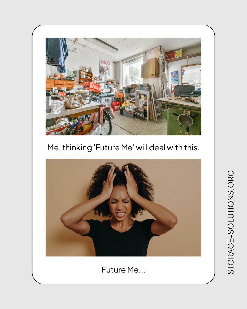 StoringAZ's tweet image. When &quot;Future You&quot; gets mad at &quot;Past You&quot; for all the clutter. 😩 

Send your future self a thank you note by tackling that pile today! 

#OrganizeNow #StorageSolutions