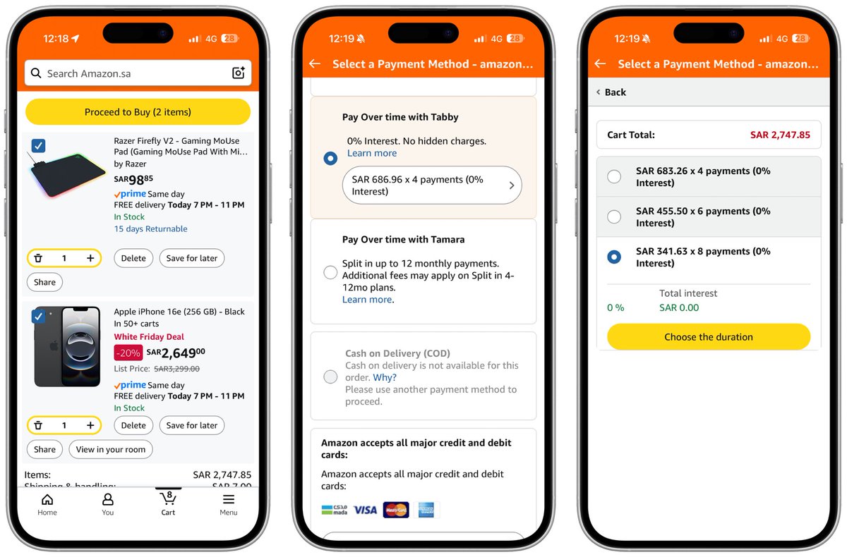طريقة تقسيط الاجهزة لـ 8 أشهر في امازون  😍🎉

في طريقة اكتشفوها الشباب لجعل اقساط الاجهزة الكبيرة عبر تابي لـ 6 اشهر بدلاً من 4 ووجدت طريقة لـ 8 اشهر كذلك

الطريقة بسيطة :

١. اضف المنتج المراد تقسيطه مثلا : ايفون 17 برو ماكس
٢، اضف هذا المنتج للسلة : amzn.to/4ppAdQT
٣.