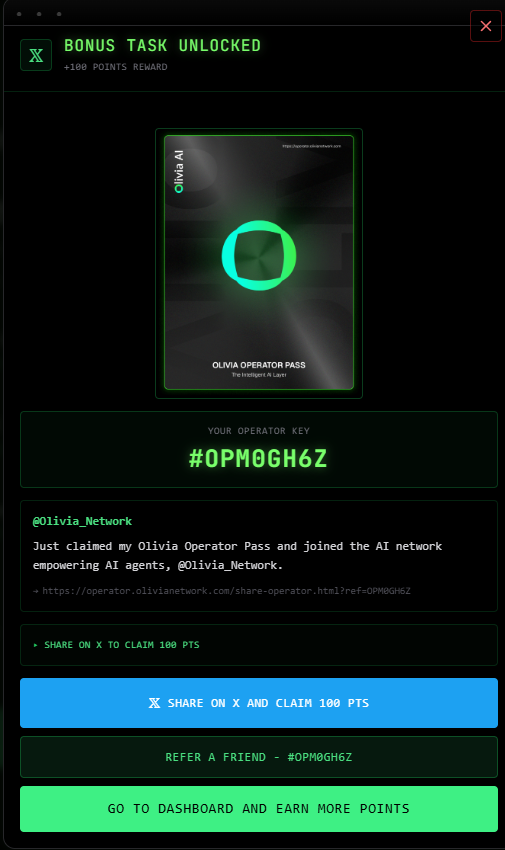 Just claimed my Olivia Operator Pass and joined the AI network empowering AI agents, <a href="/Olivia_Network/">Olivia Network AI</a>.

Billions of interactions. Thousands of agents. Hundreds of builders.

The claim window closes soon
 operator.olivianetwork.com/share-operator…