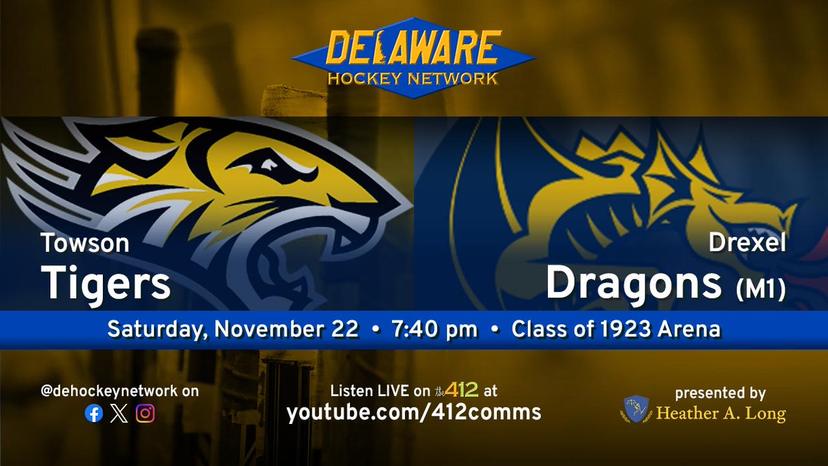 DEHockeyNetwork's tweet image. We've got a @drexelhockey doubleheader on #DHNTV tonight!

• 7:40pm: Drexel M1 vs. @TowsonHockey (@ECHAHockey)
• 10:30pm: Drexel M2 vs. Neumann (@CSCHChockey) 

Don't miss a shift of the action! Our own @JamesWitherite has the call at youtube.com/412comms.