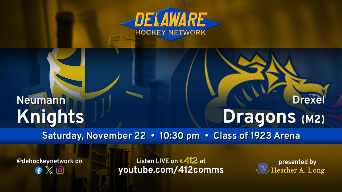 DEHockeyNetwork's tweet image. We've got a @drexelhockey doubleheader on #DHNTV tonight!

• 7:40pm: Drexel M1 vs. @TowsonHockey (@ECHAHockey)
• 10:30pm: Drexel M2 vs. Neumann (@CSCHChockey) 

Don't miss a shift of the action! Our own @JamesWitherite has the call at youtube.com/412comms.