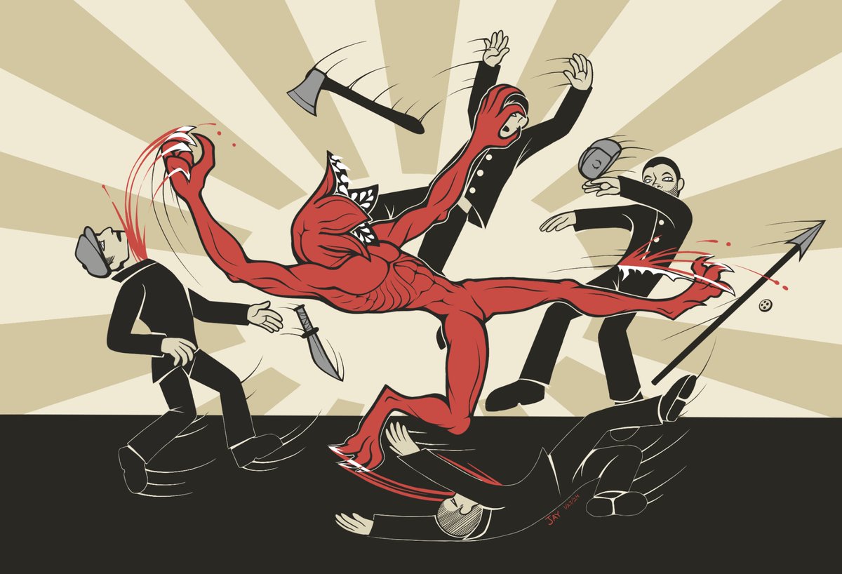 Bolshevik propaganda style art of the season 4 gulag fight scene, because the Hopper in Russia arc deserves some love