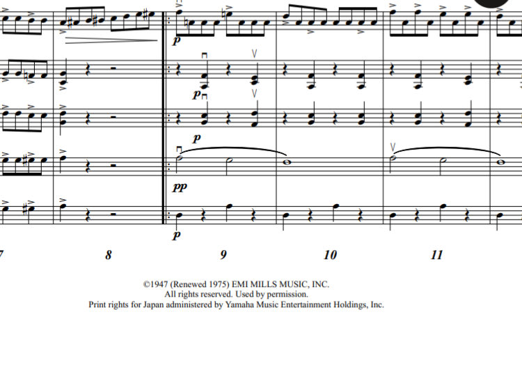 takemoto_taizo's tweet image. 【E7情報035】 #E7
E7のコンサートではL.アンダーソン作曲「フィドル・ファドル」の楽しい演奏でスタートします。お馴染みの曲ですが、実はこの作品、今はまだ著作権保護期間中。E7の楽譜にも編曲許諾を取得した時の約束事として、スコアにもパート譜にもコピーライト表示をしています。