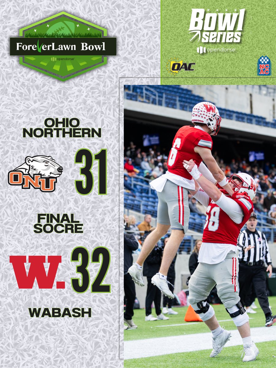 D3BowlSeries's tweet image. WHAT. AN. ENDING! 🤯 

@wabashathletics wins the 2025 @foreverlawninc Bowl in the final seconds, prevailing 32-31 over @ONUsports. An amazing first game with the second Opendorse Bowl Series matchup on deck at 6 p.m. ET!

#OpendorseBowlSeries | #d3fb