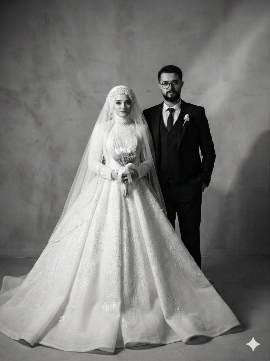 Eşimle düğün fotoğraflarımıza bakarken “Keşke şu asyalıların tarzında siyah beyaz düz bir fotoğraf da çekilseydik” diye içimizden geçirdik. Sonra yapay zeka Gemini 3 Nano Banana’ya içimizden geçirdiğimizi yazdım ve o da hemen bunu üretti. 

Muazzam bir sonuç.