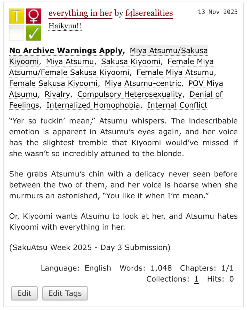 f4lserealitiess's tweet image. #SakuAtsuWeek2025 @sktsweek day 3: touch, fem!skts, hs!skts, comphet!atsumu, gay awakening!kiyoomi, “you like it when i’m mean” archiveofourown.org/works/74115346