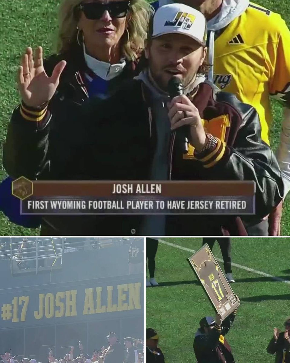BleacherReport's tweet image. Josh Allen becomes the first Wyoming football player to have his jersey retired 👏💯