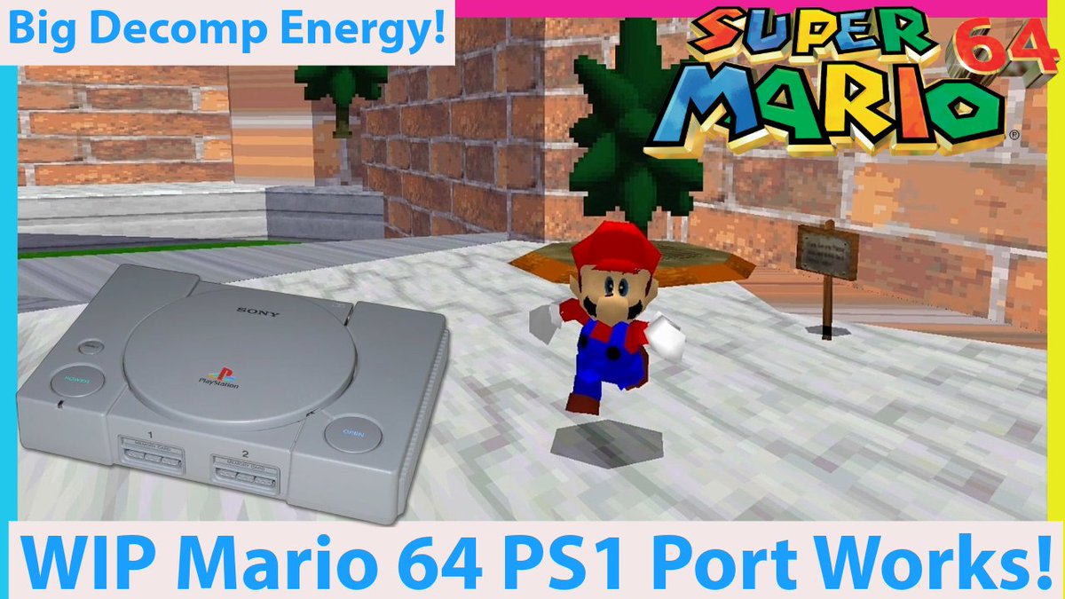 Can you say #SuperMario 64 on #PS1 ? Well you better learn how because a WIP port of Super Mario 64 based on the decomp is a wild vibe! So come see a #Nintendo mascot hang out on #PlayStation hardawre (vid in reply) #gaming #gamingnews #gaming_news