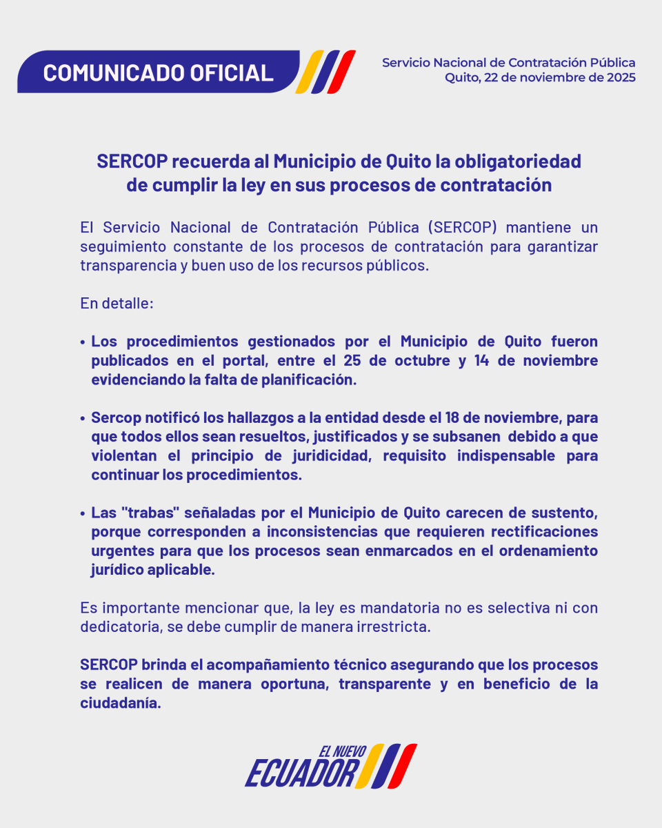 SERCOPec's tweet image. 📢 COMUNICADO OFICIAL | SERCOP recuerda al Municipio de Quito la obligatoriedad de cumplir la ley en sus procesos de contratación.

portal.compraspublicas.gob.ec/sercop/wp-cont…