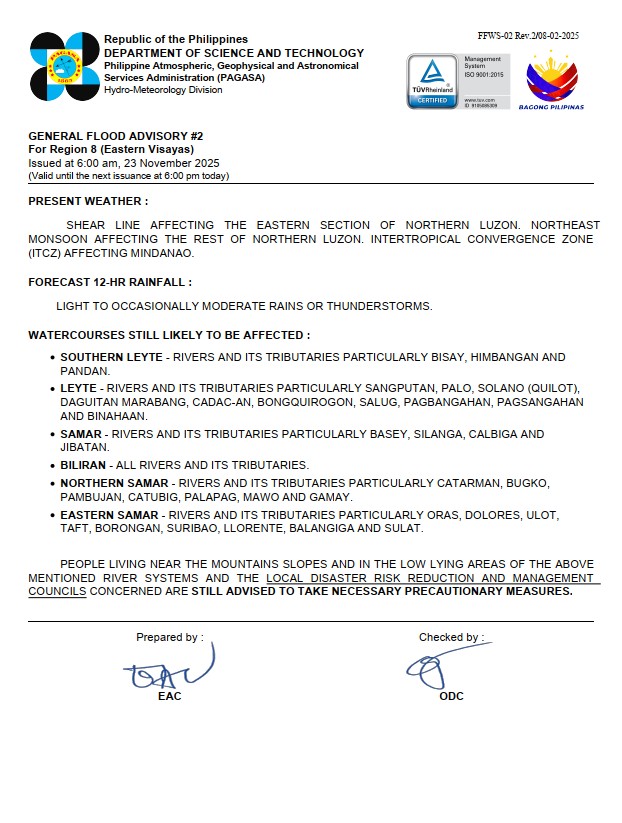 General Flood Advisories 
Issued @6AM, 23 November 2025

CAR (Cordillera Administrative Region) GFA#4
Region 2 (Cagayan Valley) GFA#8
Region 8 (Eastern Visayas) GFA#2