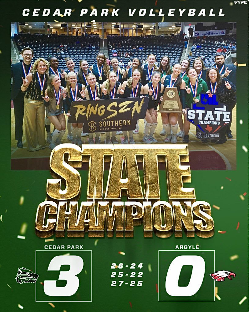 VypeATX's tweet image. 🐺RUN IT PACK!!!🏆

For the first time in program history, the UIL State🥇 title will be headed back to Cedar Park!!!⚫️🟢 @cphsvb2018 

Coach Lori McLaughlin and the T’Wolves get it done via a 3-0 W✅ over Argyle in the 5A-D2 Final

🎉LET’S GO CP💪

MVP👑
@JoyUdoye2026 (Sr. OH)