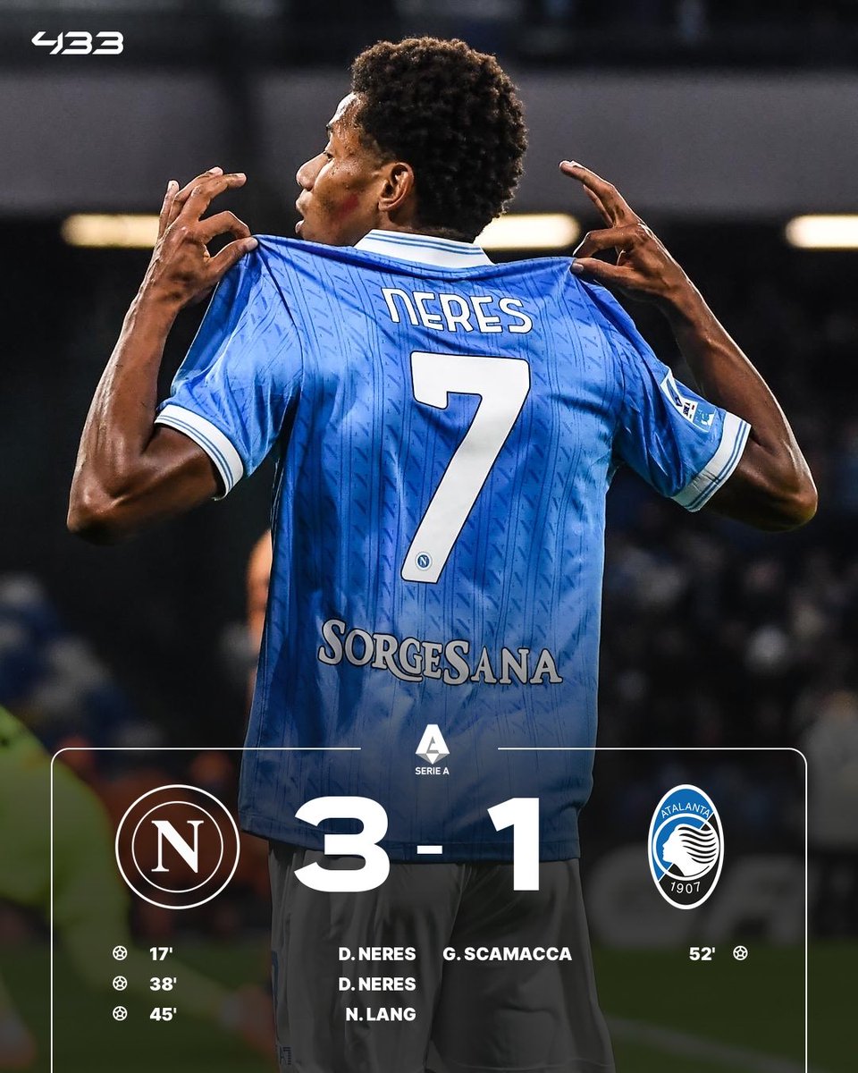 433's tweet image. 𝙉𝘼𝙋𝙊𝙇𝙄 𝘼𝙍𝙀 𝘽𝘼𝘾𝙆 𝙊𝙉 𝙏𝙊𝙋 🇮🇹

🇧🇷 David Neres brace ⚽️⚽️
🇳🇱 Noa Lang gets first Napoli goal 💪