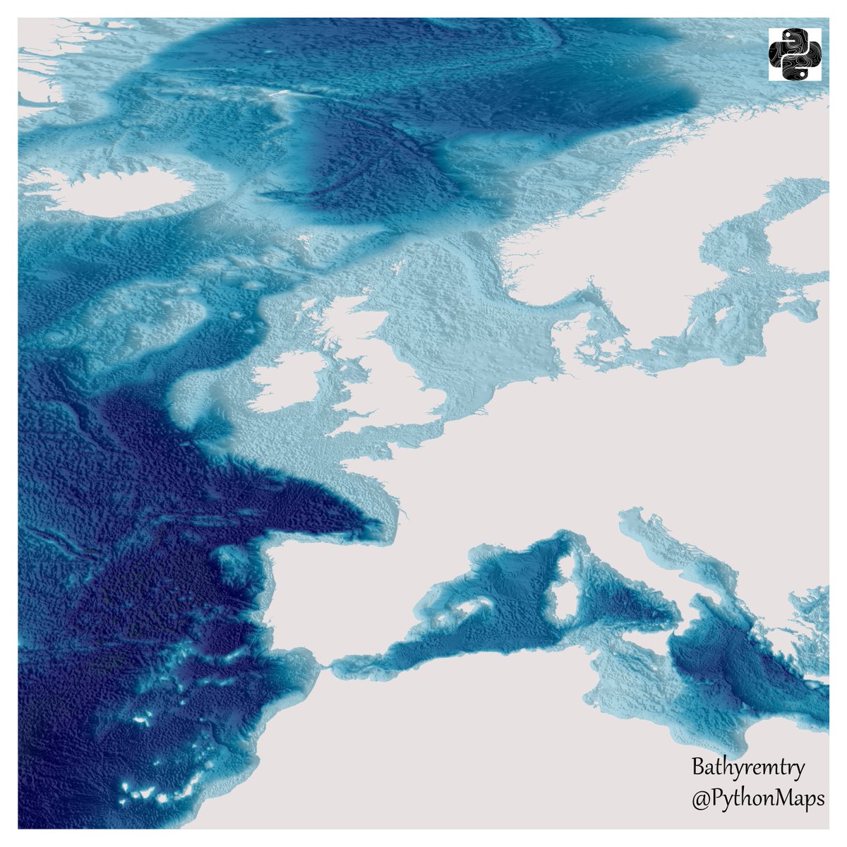 PythonMaps's tweet image. Day 22 of the #30DayMapChallenge - Natural Earth Data. I used the Ocean Bottom layer to make a Bathymetry map of Northern Europe.